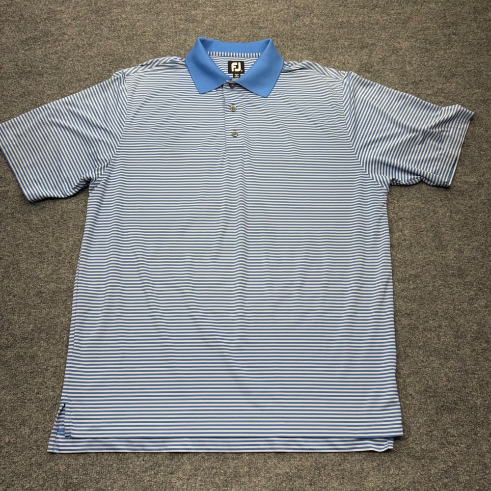 FootJoy Mens Blue White Striped Performance Golf Polo Shirt Medium FJ Stretch